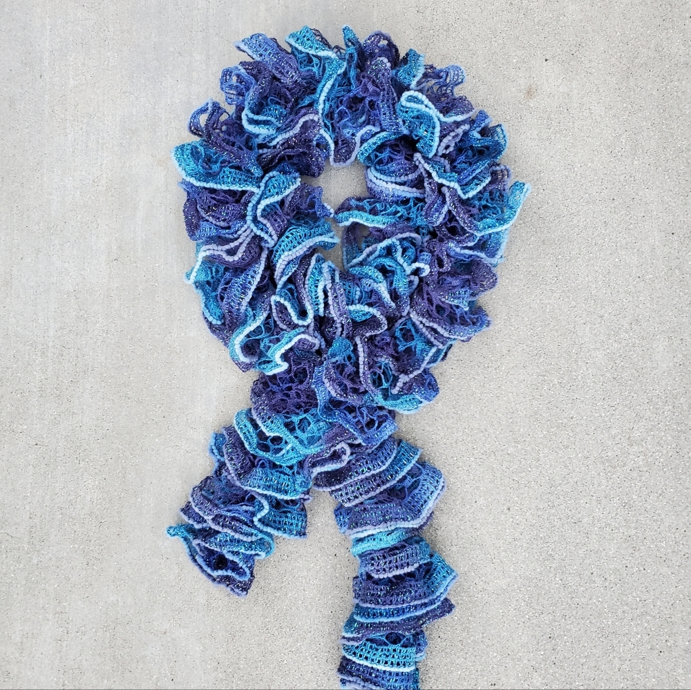 Handmade Crocheted Scarf New Never Worn Blues & Purples Handmade Sparkle Accent